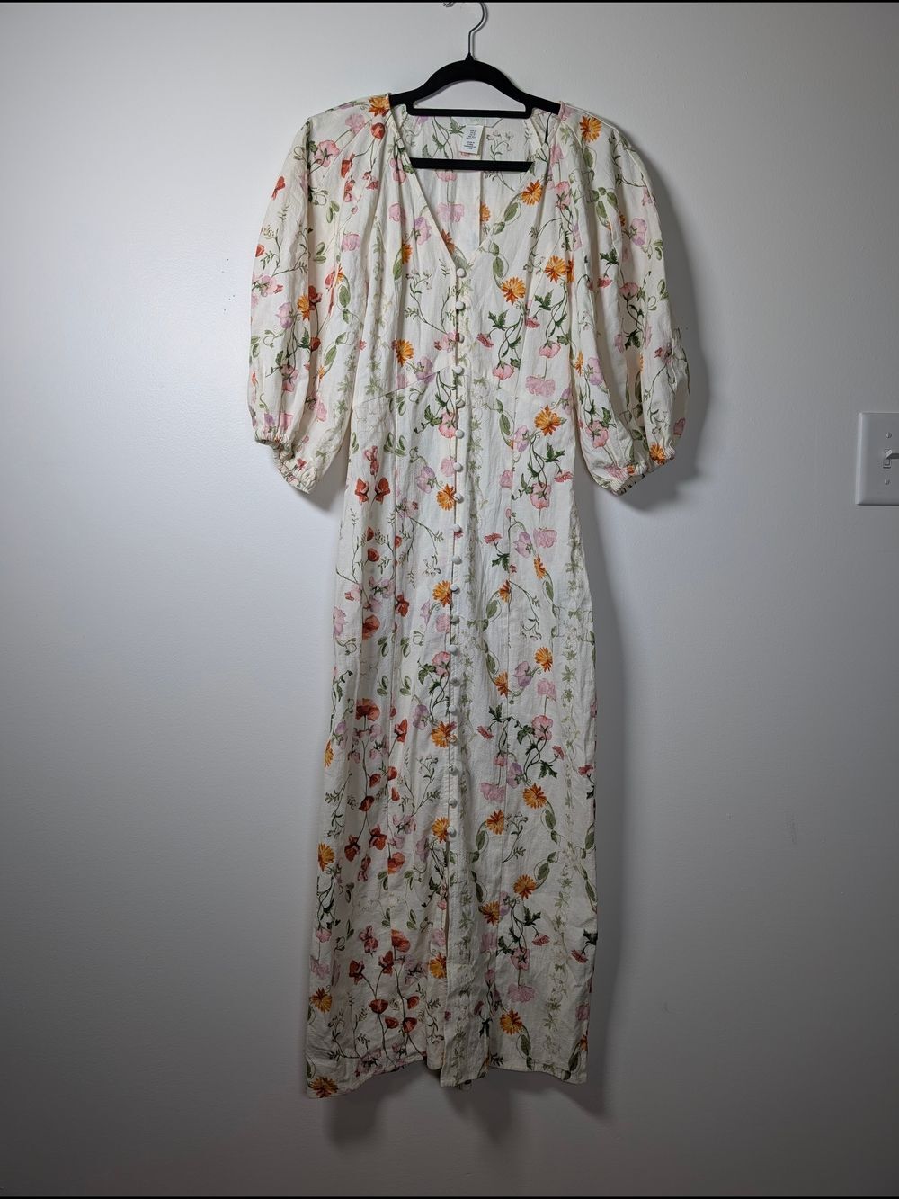 H&M Floral Cotton Midi Dress XS Puff Sleeve Cottagecore Button Front White - Picture 3 of 12